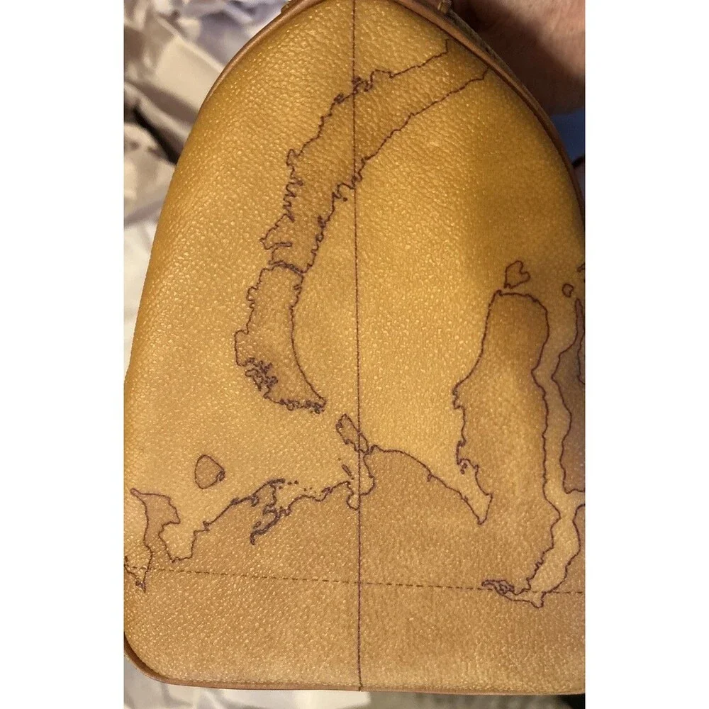 Alviero Martini World Geo Map Boston Satchel Italy canvas cognac leather good!